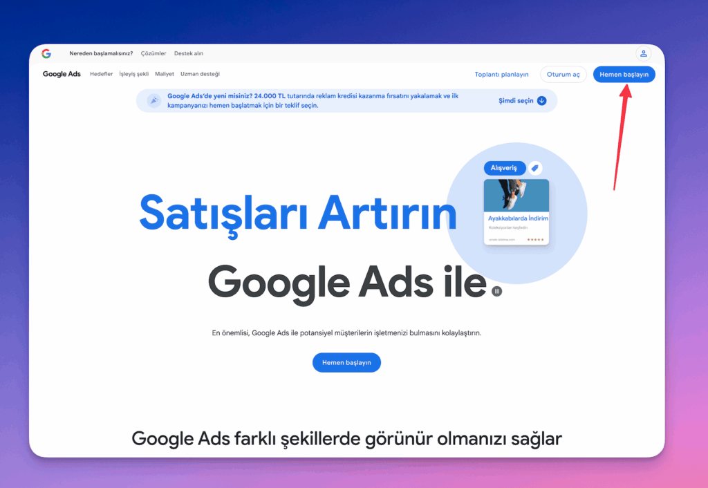 Google Ads hesap kurulumu başlangıç ekranı