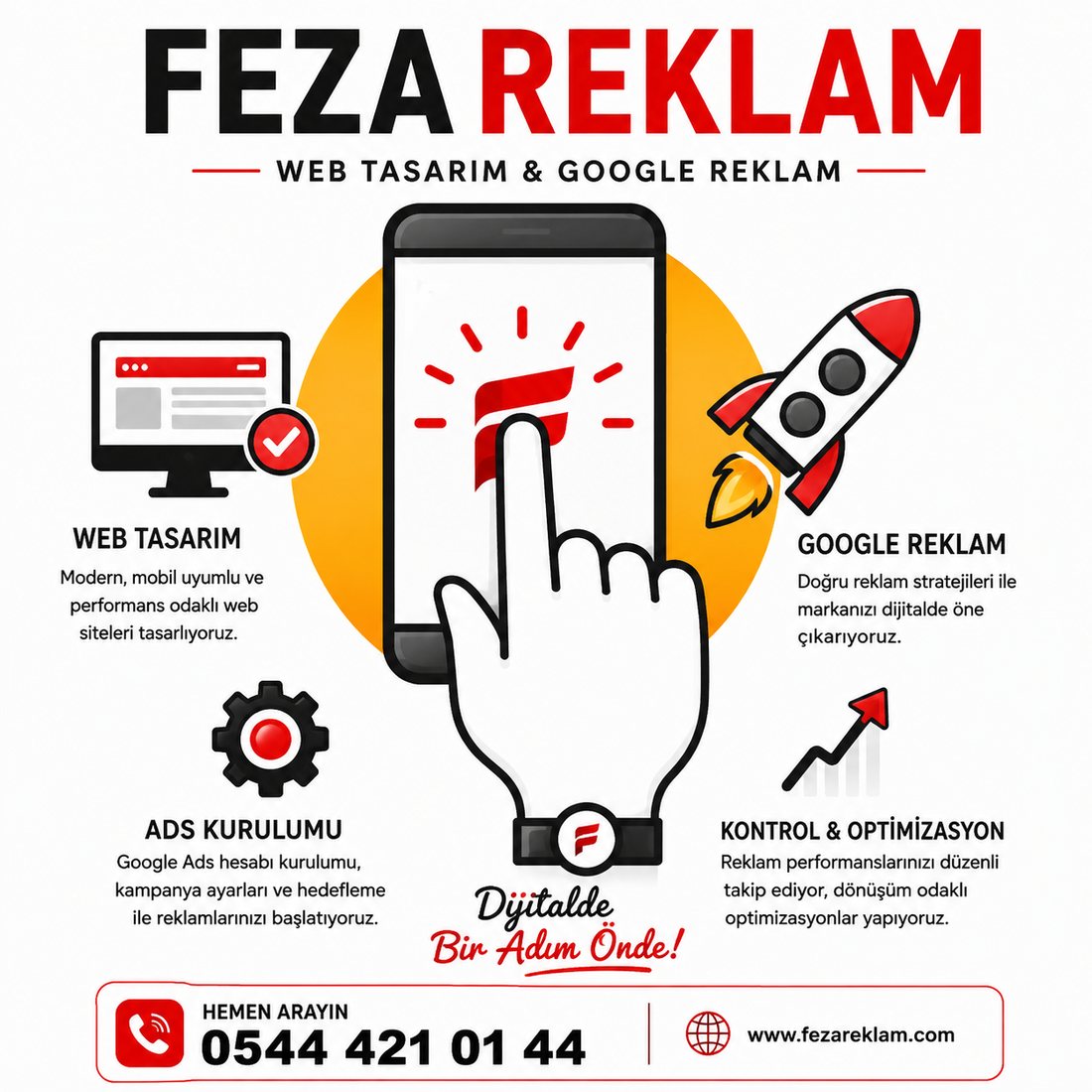 Feza Reklam hizmet alanları: web tasarım, Google reklam, Ads kurulumu, kontrol